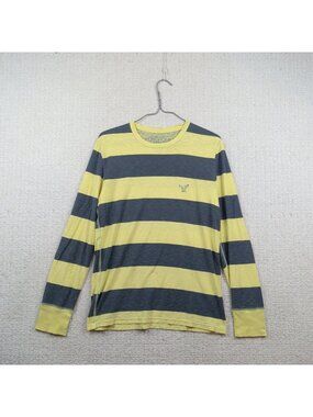 Y2K American Eagle Neon Green Striped Athletic Fit Long Sleeve T-Shirt Men XS